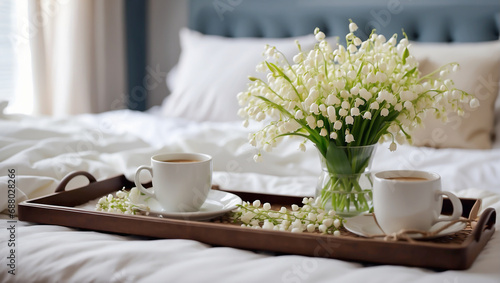 Tray with cups of coffee drink, vase with lily of the valley flowers on the bed in the bedroom 