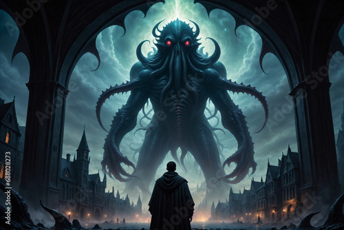 A person facing a gigantic cosmic horror above a medieval city - Oil painting style