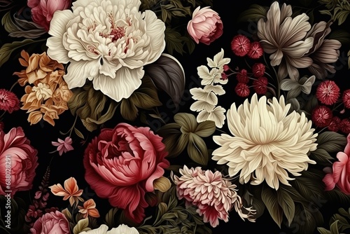 Luxurious, detailed floral pattern with variety of realistic flowers, set against dark background, creating an elegant design perfect for wallpapers, textiles, and sophisticated decor.