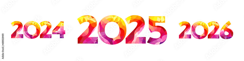 Happy New Year number collection. 2024, 2025, 2026 trendy design. Yellow, purple and red colors. Collection of icons. Isolated template. Abstract texture. Festive idea. Typographic concept. - obrazy, fototapety, plakaty 