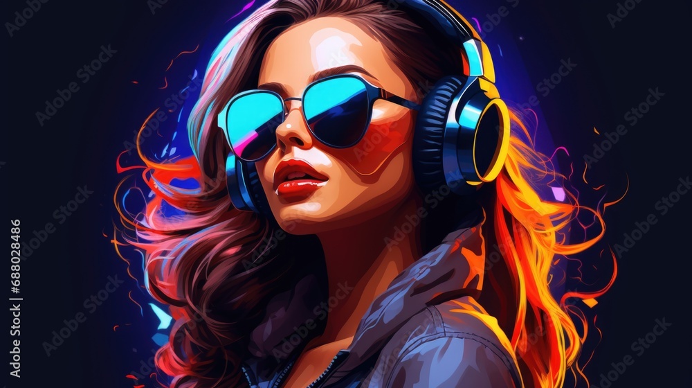 Attractive girl wearing headphones with futuristic neon light background, summer tropical party nightclub vibes Attractive girl wearing headphones with futuristic neon light background, summer tropical party nightclub vibes