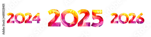 Happy New Year number collection. 2024, 2025, 2026 trendy design. Yellow, purple and red colors. Collection of icons. Isolated template. Abstract texture. Festive idea. Typographic concept. photo