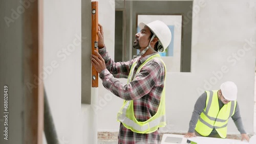 Asian man construction supervisor  employee engineer Wearing white carefully measuring straightness housing project window frame stick. Asian architect looks at  building structure diagram background. photo