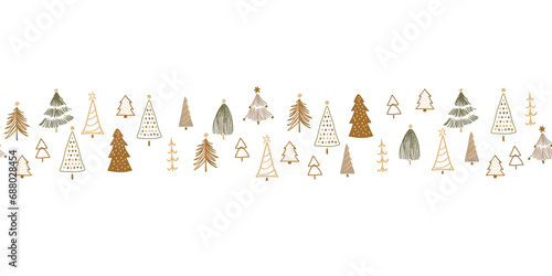 Boho Christmas tree long seamless border with cute rustic fir trees. Vector repeat background, textile design, winter wrap paper.