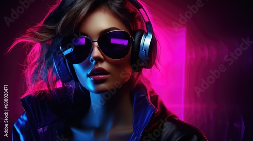 Attractive girl wearing headphones with futuristic neon light background, summer tropical party nightclub vibes © Instacraft.Studio