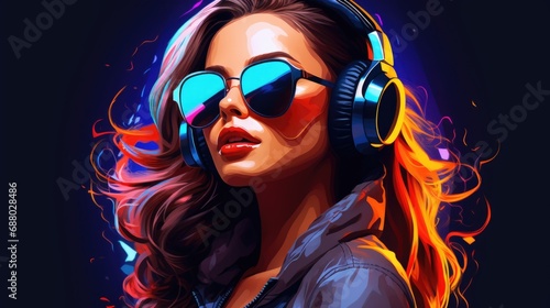 Attractive girl wearing headphones with futuristic neon light background  summer tropical party nightclub vibes