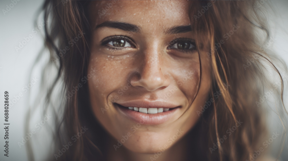 gros plan de face d'une jolie jeune femme aux cheveux long souriante au regard malicieux gros plan de face d'une jolie jeune femme aux cheveux long souriante au regard malicieux