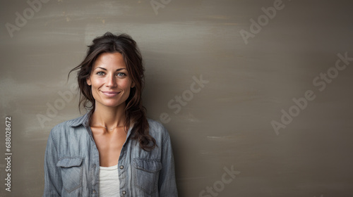 femme de 40 ans aux cheveux longs en chemise décontractée adossée à un mur uni et neutre, portrait studio