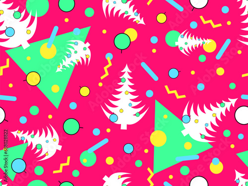 Christmas seamless pattern with geometric shapes in 80s Memphis style. Christmas pattern with fir trees  Christmas decorations and geometric shapes for wrappers and banners. Vector illustration