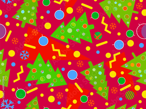 Christmas seamless pattern with geometric shapes in 80s Memphis style. Christmas pattern with fir trees, Christmas decorations and geometric shapes for wrappers and banners. Vector illustration © andyvi
