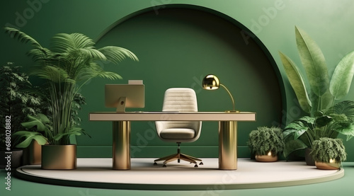 Interior design elegant vibrant green office against arched window and natural greenery