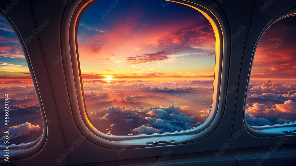 View from airplane window at clouds and sky at sunset. Travel concept.