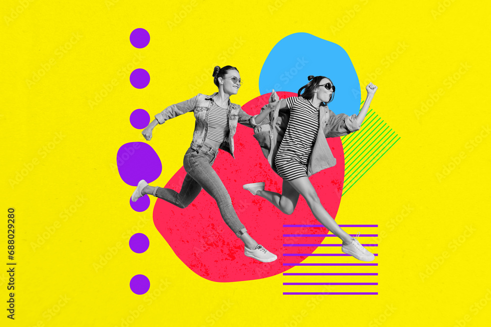 Fototapeta premium Collage poster picture of cheerful happy girls running fast hurrying store isolated on painted colorful background