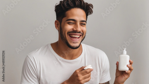 Happy young hispanic man with short hair in white t-short laughing with pride and joy while holding a face product, his newest addition to his skincare routine on a bright solid white background
 photo
