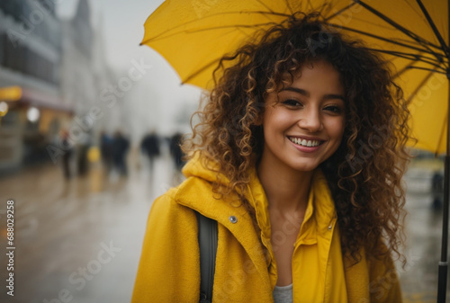 Charming and laughing young curly woman wearing in yellow sweater and gray hat use yellow umbrella at the street of megapolis city in rainy day