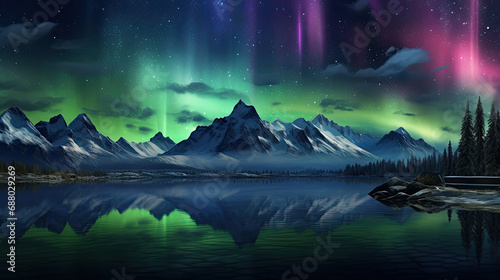 aurora borealis over lake with snowy mountains. iceland, landscape with aurora borealis