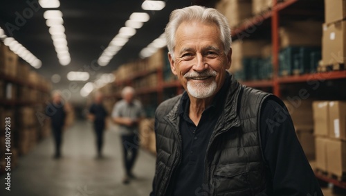 Happy senior caucasian man wearing in black vest taking a phone call in a warehouse