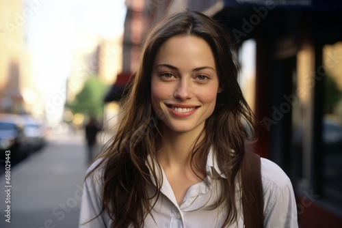 Street style portrait of stylish young woman smiling outdoors, looking at camera, close up street style portrait outdoors.