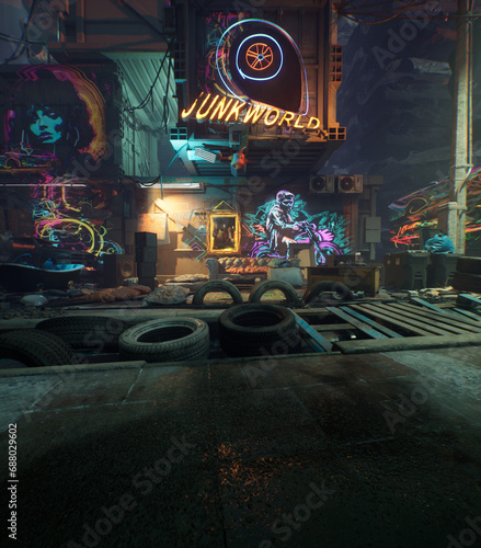 Εκτύπωση καμβά A 3d rendered background image of a cyberpunk junkyard