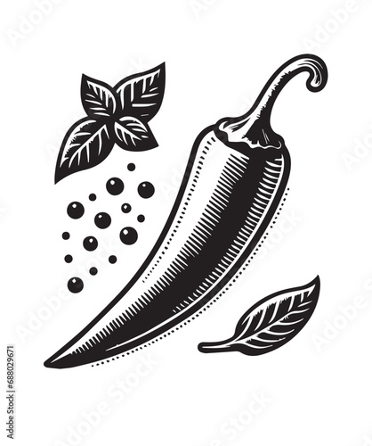 Chilli Pepper. Icon, logo, simple black engraving. Vintage illustration