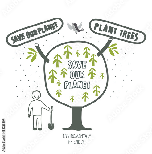 Vector illustration of Environmentally friendly planet. Hand drawn cartoon sketch of human with green tree. Save our planet, plant a tree.  Eco mindfulness,  Protect the World from pollution concept.