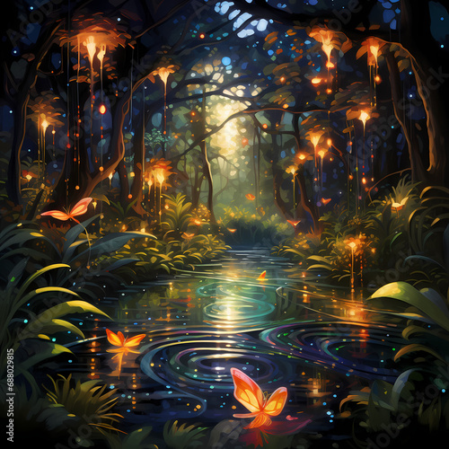 an abstract symphony featuring fireflies  jungle elements  an oasis setting