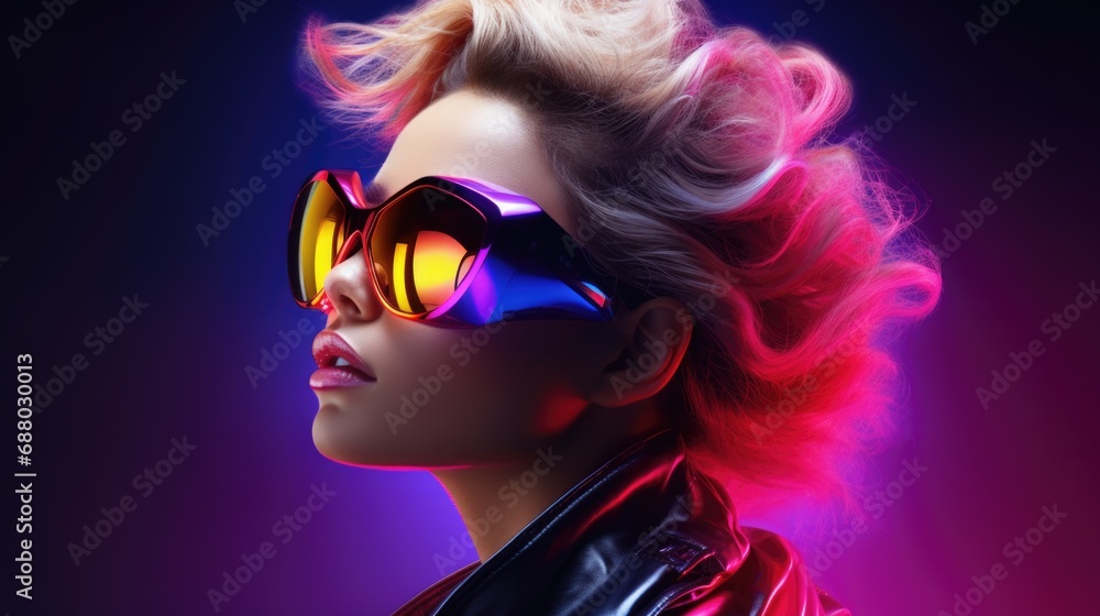 Attractive girl wearing glasses with futuristic neon light background, summer tropical party nightclub vibes Attractive girl wearing glasses with futuristic neon light background, summer tropical party nightclub vibes