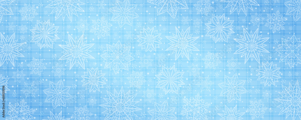 Blue Christmas checked banner with snowflakes. Merry Christmas and Happy New Year greeting banner. Horizontal new year background, headers, posters, cards, website. illustration