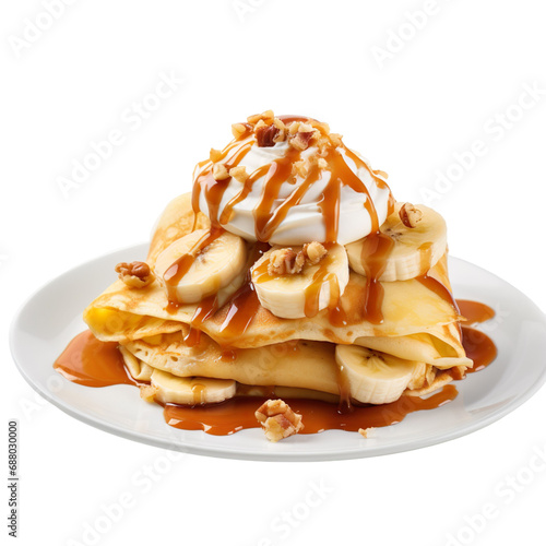 front view of Banana Foster Crepe desert isolated on a white transparent background 