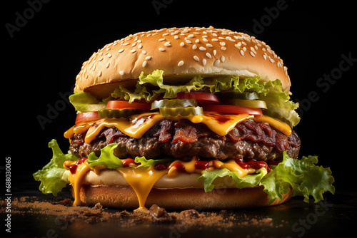 Juicy hamburger perfection on a black background