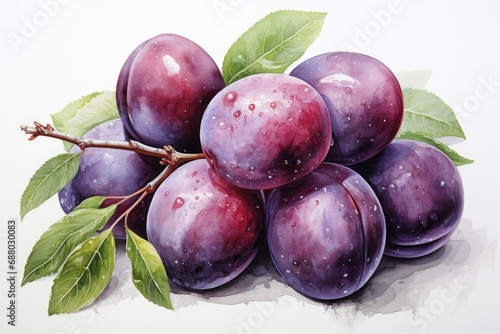 Watercolor plum fruit isolated on white. AI Generated