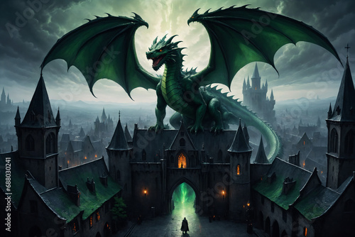 A gigantic green dragon above a medieval city - Oil painting style photo