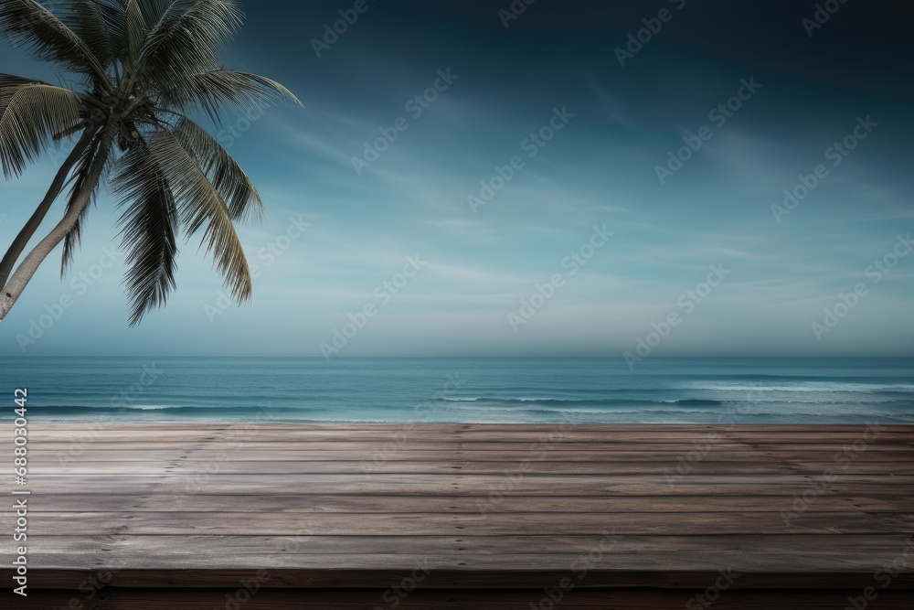 A palm tree on a wooden deck overlooking the ocean A palm tree on a wooden deck overlooking the ocean