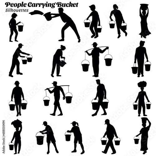 Collection of illustrations of silhouettes of people carrying buckets.