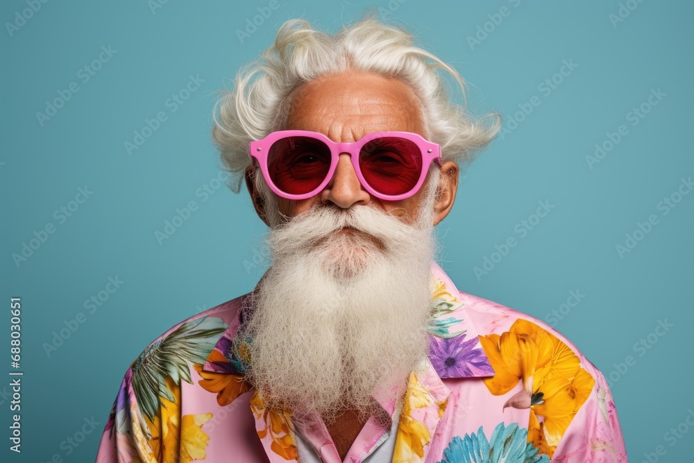 A man with a white beard wearing pink sunglasses