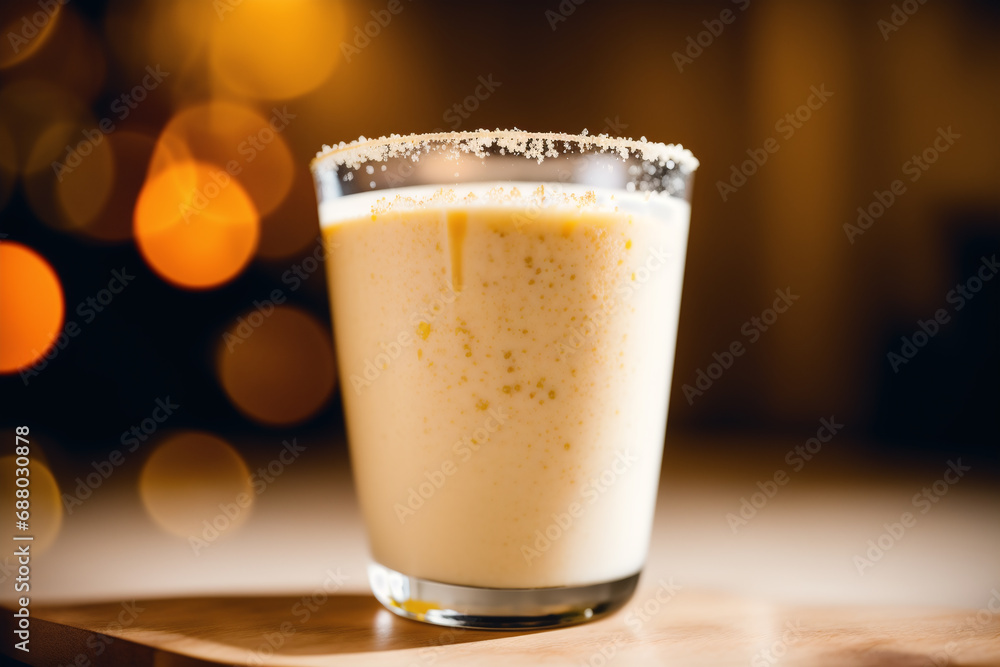 Eggnog with whipped cream and cinnamon on a Christmas background. Generative AI Eggnog with whipped cream and cinnamon on a Christmas background. Generative AI