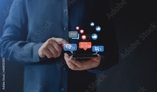 Social media and digital online concept, woman using smart phone. The concept of living on vacation and playing social media. Social Distancing ,Working From Home concept.