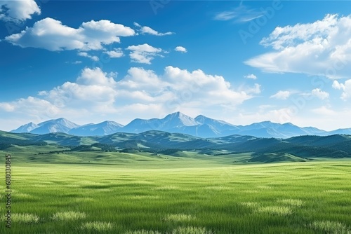 A green field with mountains in the background © pham