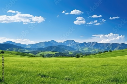 A green field with mountains in the background