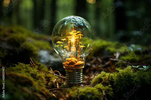 World earth hour, light bulb stands in the forest, turn off lights, save energy, protect nature and planet earth, environment and ecology #688031407