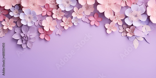 Flowers on pink background with space for text. In the style of soft pastel colors in aerial view. Delicate paper cutouts style.