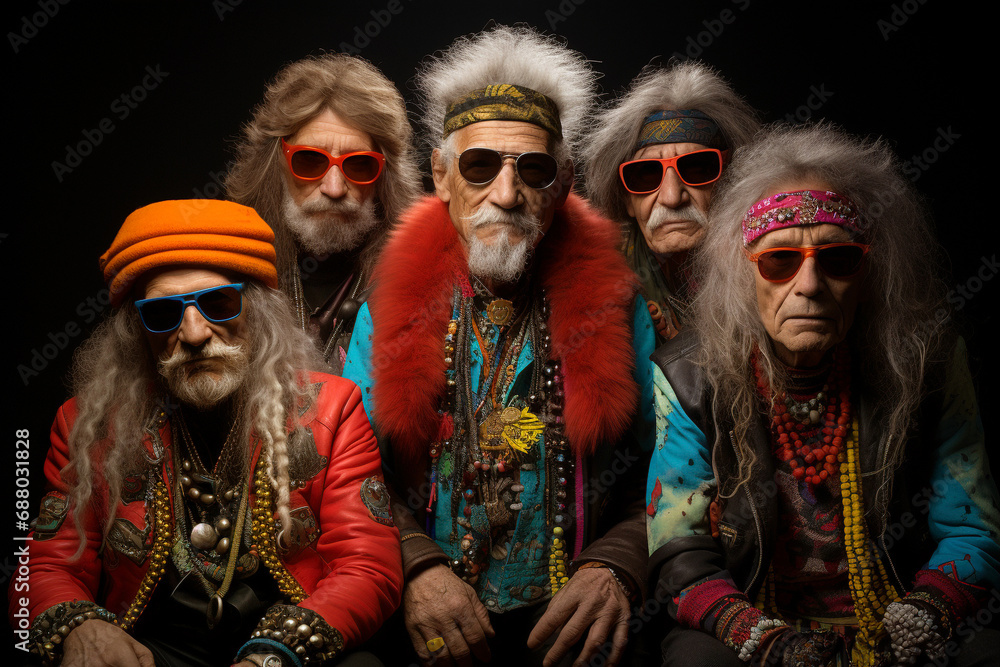 Senior men group, colorful hippie clothes, sunglasses, long gray hair, lifestyle and friendship