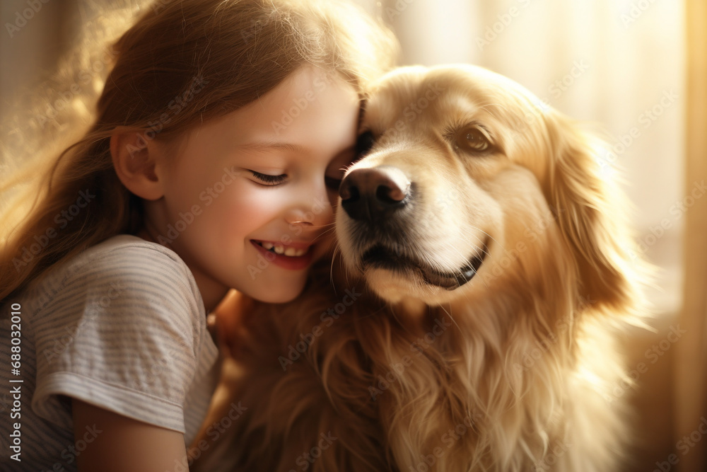 Cute girl playing with dog at home. 