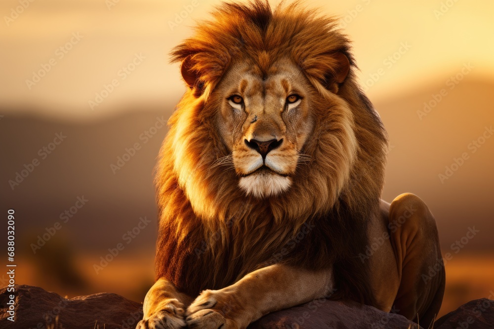 Obraz premium A lion sitting on top of a rock