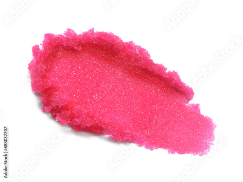 Pink lip scrub texture isolated on white background. Smudged cosmetic product smear. Makup swatch product sample