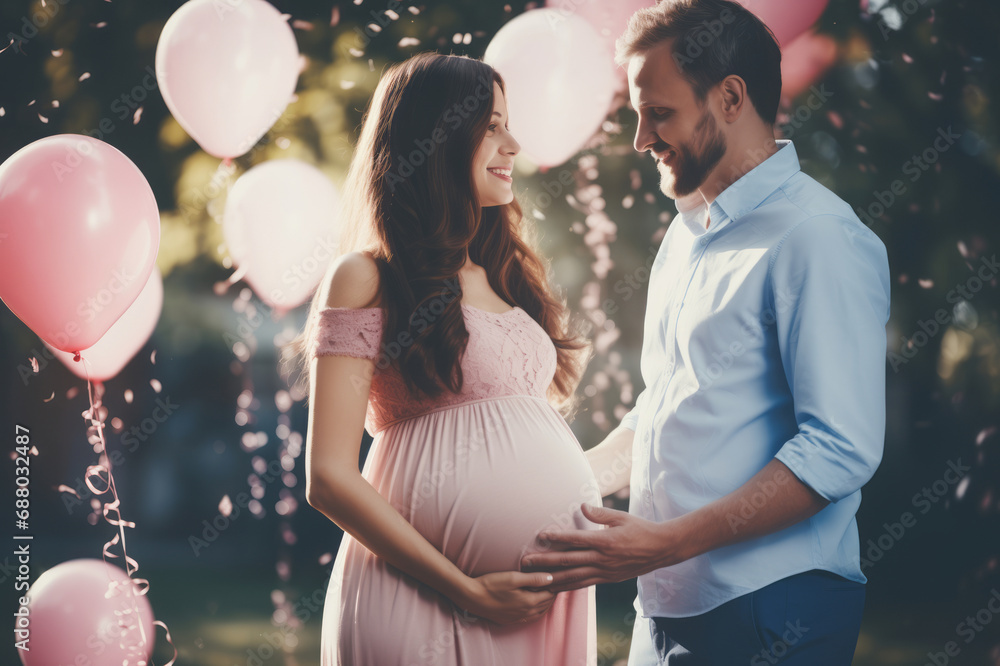 Beautiful young expecting couple surrounded by pink and blue balloons, confetti and streamers as a decorations at a gender reveal or a baby shower party. - obrazy, fototapety, plakaty 