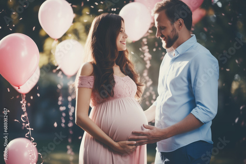 Beautiful young expecting couple surrounded by pink and blue balloons, confetti and streamers as a decorations at a gender reveal or a baby shower party. photo