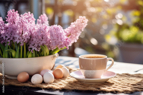 Cup of coffee and Easter eggs on a table of outdoor cafe on sunny spring day in typical European town. Having a cup of hot beverage in Easter season.