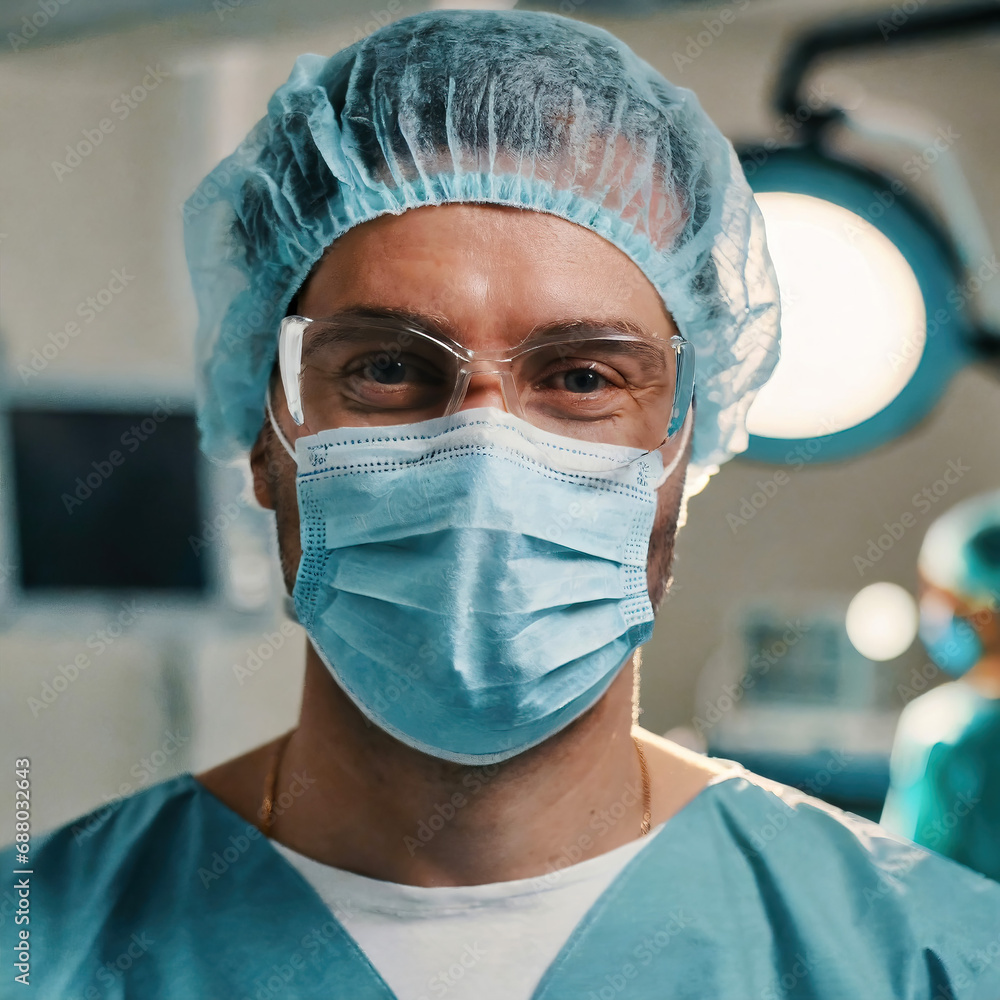 Medical worker with protective surgical face mask in hospital operation room, generative ai illustration Medical worker with protective surgical face mask in hospital operation room, generative ai illustration