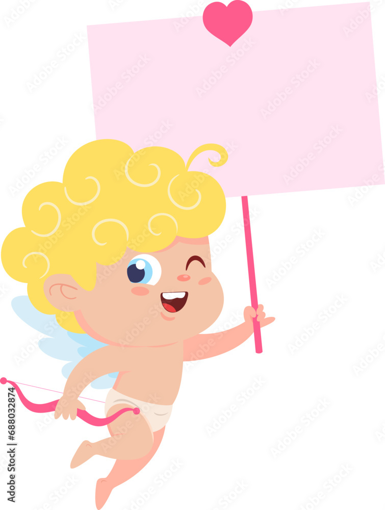 Cute Cupid Angel Cartoon Character Holding Up A Love Blank Sign. Vector Illustration Flat Design Isolated On Transparent Background Cute Cupid Angel Cartoon Character Holding Up A Love Blank Sign. Vector Illustration Flat Design Isolated On Transparent Background